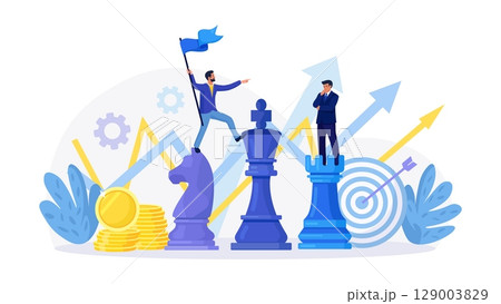 Team of businessman playing giant chess together. Leader planning, thinking and discussing business strategy. Brainstorm, collaboration 129003829