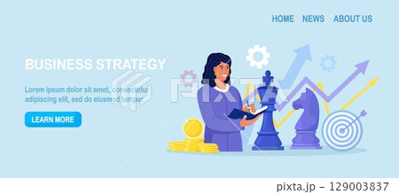 Business woman playing giant chess. Leader planning business strategy, thinking about tactics. Brainstorm. Competition and Leadership. Person analyze success opportunity and make decision 129003837