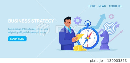 Businessman Using Compass for Navigation and Orientation in Business. Strategic Planning, Future Vision. Business Strategy Direction. Mission concept. Important Decisions, Sets Goals for Company Businessman Using Compass for Navigation and Orientation in Business. Strategic Planning, Future Vision. Business Strategy Direction. Mission concept. Important Decisions, Sets Goals for Company 129003838