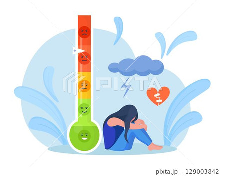 Thermometer as stress level scale emotions, mood. Unhappy girl crying, covering her face, hugs her knees. Frustration and stress, emotional overload, burnout, overworking, depression Thermometer as stress level scale emotions, mood. Unhappy girl crying, covering her face, hugs her knees. Frustration and stress, emotional overload, burnout, overworking, depression 129003842