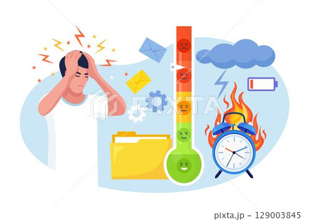 Man Clutching her Head in Panic. Person Feeling Stress at Work, Working Overtime at Deadline. Exhausted, Frustrated, Burnout. Alarm in Fire, Burning Clock. Thermometer as Stress Level Scale Emotions 129003845