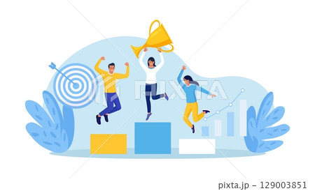 Proud Business People Standing on Podium Rank Three Places, Jumps in Air with Trophy Cup. Business Company Winning First Place, Get Reward. Career Success. Team Work, Partnership, Leadership Concept 129003851