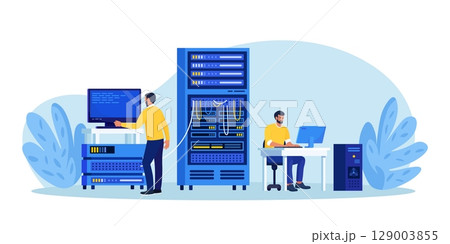 System administrator upkeeping server, adjusting network, PC hardware. Sysadmin repairing computer. Administration, data center maintenance service. Repairman doing technical work with server rack 129003855