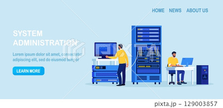 System administrator upkeeping server, adjusting network, PC hardware. Sysadmin repairing computer. Administration, data center maintenance service. Repairman doing technical work with server rack 129003857