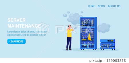 System administrator fixing  pc server, network connection. Worried sysadmin looking at burning computer datacenter. System critical failure. High temperature overheat error. Problem solving skills 129003858