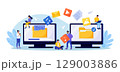 File Transfer. Two computers with folders on screen, transferred documents. Copy files, data exchange, backup. Saving document on storage. Digital data migration between devices. People sharing files 129003886