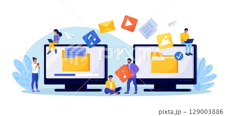 File Transfer. Two computers with folders on screen, transferred documents. Copy files, data exchange, backup. Saving document on storage. Digital data migration between devices. People sharing files 129003886