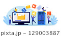 File Transfer. Computer screen with folders, transferred documents to server. Copy files, data exchange, backup. Saving document in storage. Digital data migration between devices People sharing files 129003887
