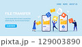 File Transfer. Smartphones with folders on screen, transferred documents. Copy files, data exchange, backup. Saving document on storage. Digital data migration between devices People sharing files 129003890