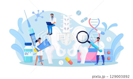 Orthopedic traumatology and trauma surgery. Vertebrologist examine human vertebra. Doctor team engaged in lower spine, hip joint skeleton, pelvic injury inspection. Spine backbone disease diagnostics Orthopedic traumatology and trauma surgery. Vertebrologist examine human vertebra. Doctor team engaged in lower spine, hip joint skeleton, pelvic injury inspection. Spine backbone disease diagnostics 129003892
