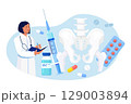 Orthopedic traumatology and trauma surgery. Vertebrologist examine human vertebra. Doctor engaged in lower spine, hip joint skeleton, pelvic injury inspection. Spine backbone disease diagnostics 129003894