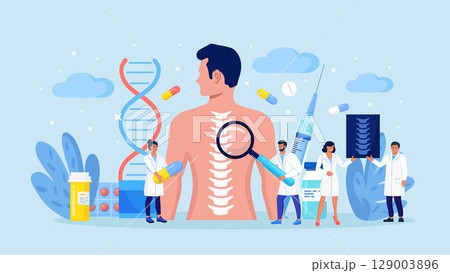 Man suffering from spine pain visiting osteopath. Tiny doctor examining xray of patient spine. Backache, rheumatism, deformity, vertebral inflammation treatment. Spine backbone disease diagnostics. 129003896