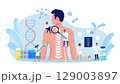 Man suffering from spine pain visiting osteopath. Tiny doctor examining xray of patient spine. Backache, rheumatism, deformity, vertebral inflammation treatment. Spine backbone disease diagnostics. 129003897