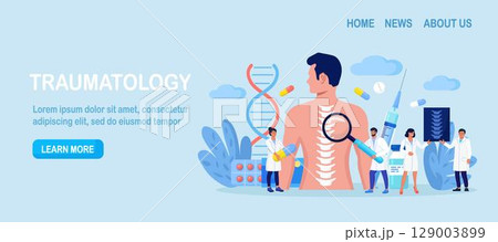Man suffering from spine pain visiting osteopath. Tiny doctor examining xray of patient spine. Backache, rheumatism, deformity, vertebral inflammation treatment. Spine backbone disease diagnostics. 129003899