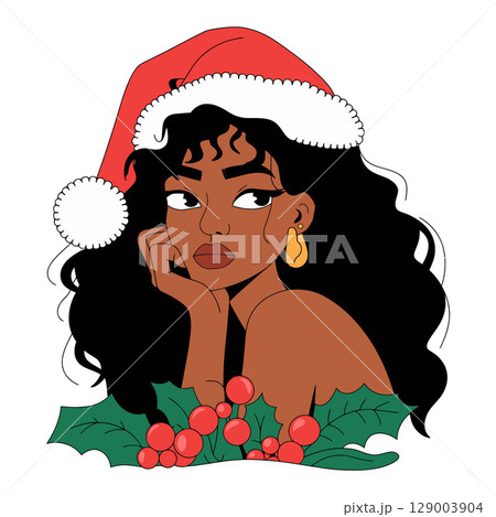 Festive Portrait with Santa Hat and Holly Festive Portrait with Santa Hat and Holly 129003904
