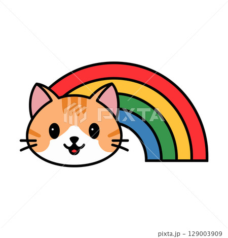 Smiling Cartoon Cat Under Rainbow Arch 129003909