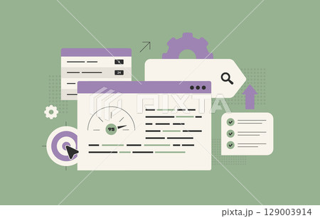 Content optimization strategy with keyword analysis, readability score, SEO checklist process to improve engagement and ranking. Content optimization checker seo tools modern flat vector illustration 129003914