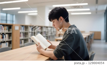 Young man reading book quietly in modern library with shelves and natural light 129004054