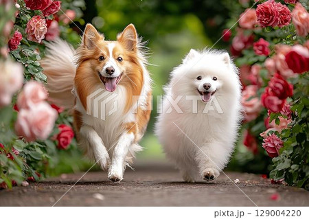 バラ咲く小道を仲良く駆ける2匹の犬の春の風景 129004220