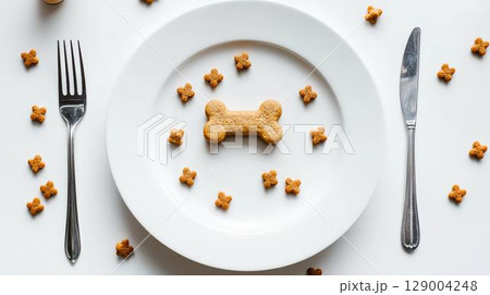 骨型クッキーを皿に並べた犬のためのユニークな食卓 骨型クッキーを皿に並べた犬のためのユニークな食卓 129004248