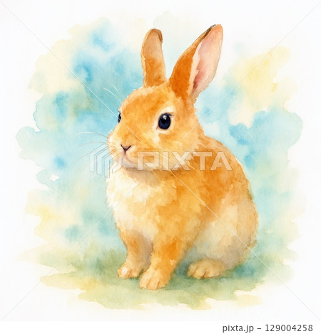 水彩風の茶色いうさぎのイラスト/背景白のかわいい動物素材 水彩風の茶色いうさぎのイラスト/背景白のかわいい動物素材 129004258