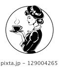 Vintage Lady Sipping Tea in Circular Frame 129004265