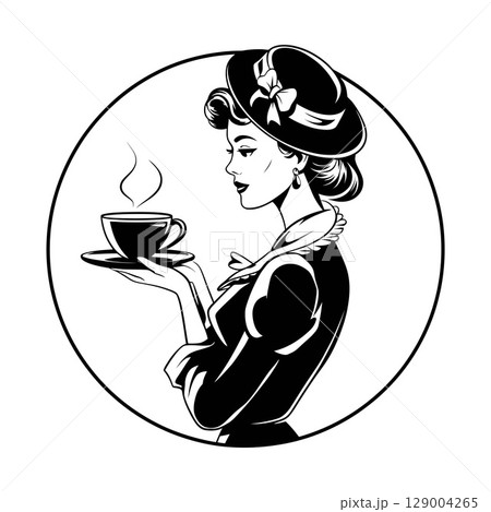 Vintage Lady Sipping Tea in Circular Frame Vintage Lady Sipping Tea in Circular Frame 129004265
