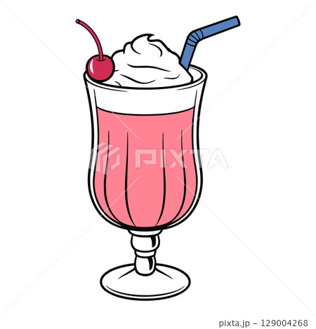 Pink Milkshake with Whipped Cream and Cherry 129004268