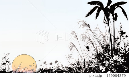 南の国の日没と熱帯植物のシルエット