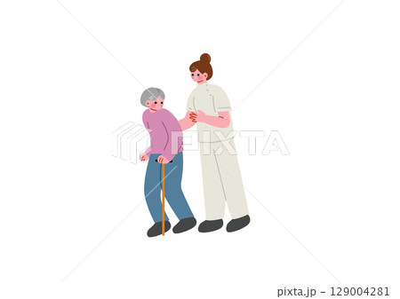 歩くのを補助する女性介護士 129004281