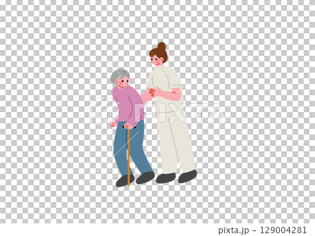 歩くのを補助する女性介護士 129004281