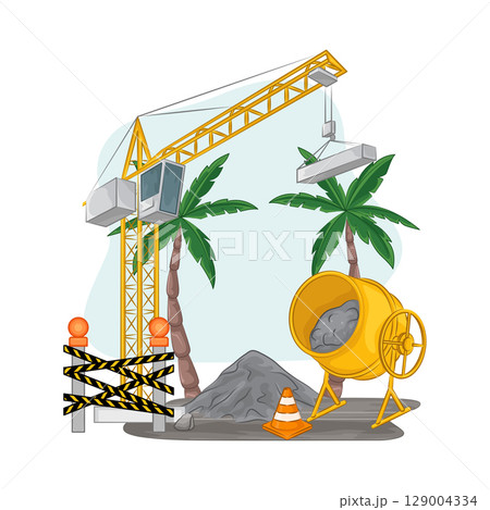 Illustration of Tower Crane and Concrete Mixer  129004334