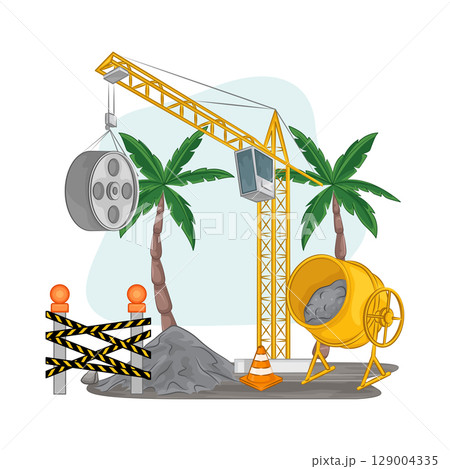 Illustration of Tower Crane and Concrete Mixer  129004335