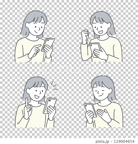 Facial expression set of a woman operating a smartphone Facial expression set of a woman operating a smartphone 129004654