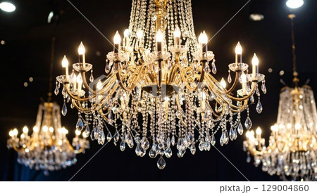 Luxurious interior church architecture bathed in the warm glow of chandeliers and festive Christmas lights 129004860