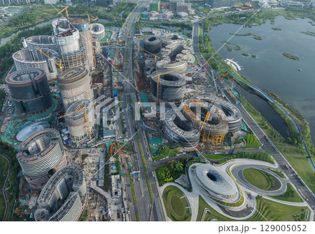 Chengdu,China- May 11,2024, Aerial footage of construction site in Chengdu city, China 129005052