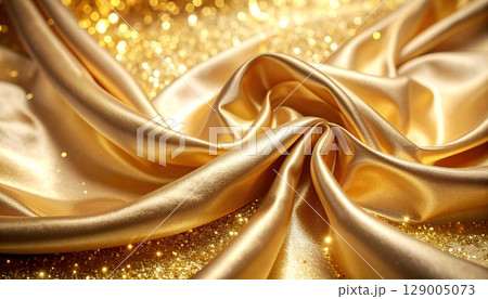 Bright abstract golden background with glowing stars, elegant light waves, and a smooth silk texture perfect for festive Christmas designs 129005073