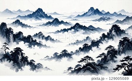Winter dawn painting a serene view of snow-capped hills 129005089