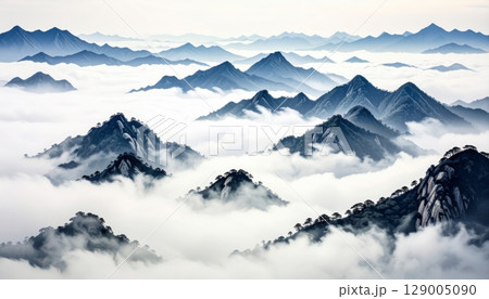 Winter dawn painting a serene view of snow-capped hills 129005090