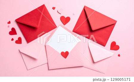 Love mail concept with a pink envelope, open to show a paper heart, symbolizing a blank message of correspondence 129005171