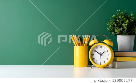 Old alarm clock on school books and chalkboard for back to school time Old alarm clock on school books and chalkboard for back to school time 129005177