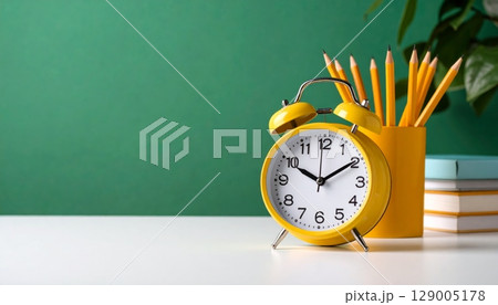 Old alarm clock on school books and chalkboard for back to school time Old alarm clock on school books and chalkboard for back to school time 129005178