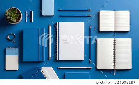 Open spiral notebook with a pen and pencil on a blank sheet of paper Open spiral notebook with a pen and pencil on a blank sheet of paper 129005197