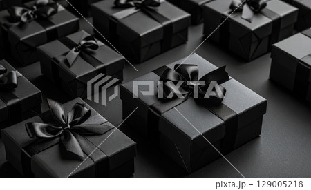 A gold-ribboned silver gift box with a red bow sits isolated on a black background, perfect for a birthday or holiday surprise 129005218