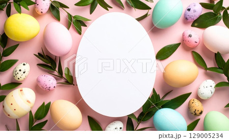 Colorful decorated Easter eggs with a floral design create a festive spring holiday border on a white background 129005234