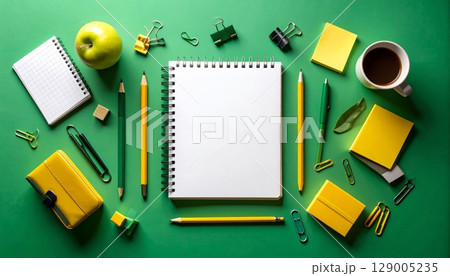 Colorful school supplies, including a blank notebook, pencil, and eraser, are arranged on a white background Colorful school supplies, including a blank notebook, pencil, and eraser, are arranged on a white background 129005235