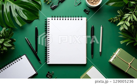 Colorful school supplies, including a blank notebook, pencil, and eraser, are arranged on a white background 129005236