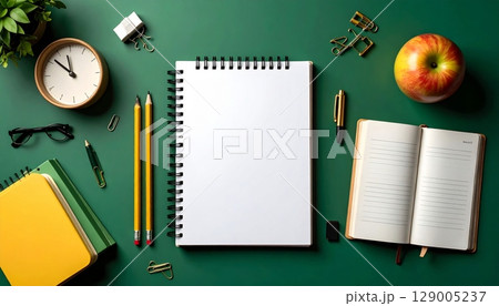 Colorful school supplies, including a blank notebook, pencil, and eraser, are arranged on a white background Colorful school supplies, including a blank notebook, pencil, and eraser, are arranged on a white background 129005237