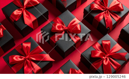 A single red present with a shiny bow sits on a black background, ready for a special holiday celebration 129005246