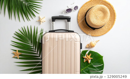 A fashionable woman wears a straw hat and sunglasses on a summer beach A fashionable woman wears a straw hat and sunglasses on a summer beach 129005249